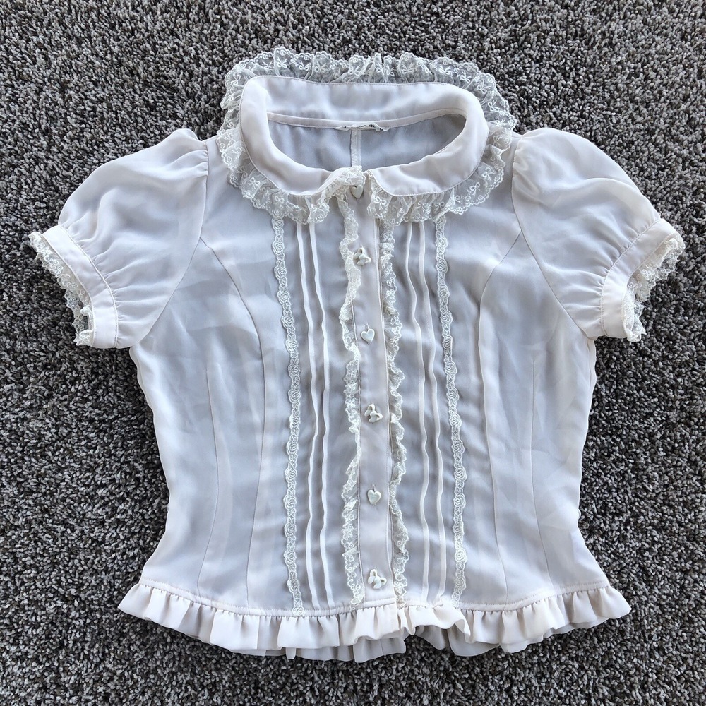 Innocent World Blouse Womens Sz L White Lace Trim Short Sleeve Top Made In Japan